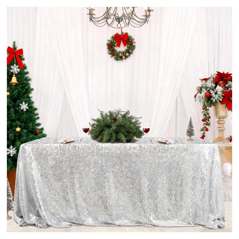 Fanqisi Sequin Tablecloths 50x102 Inch Silver Tablecloths Sequin Fabric Sparkly Table Decoration for Party Wedding Baby Shower Dinner Desserts Table - Image 1